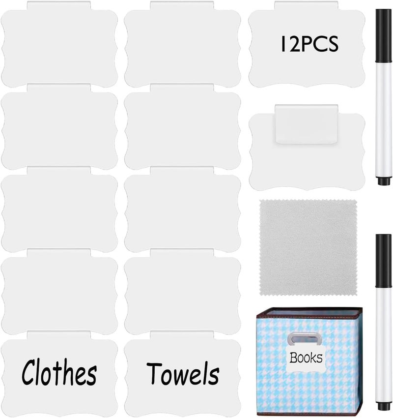 badigo Reusable Erasable Basket Label Clips - 12 White PVC Basket Clip Tags with 2 Black Chalk Pens | Commercial-Grade Reusable Bin Labels for Warehouse/Home Organization - Image 1